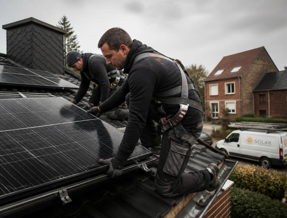 Installateurs plaatsen zonnepanelen op een dak